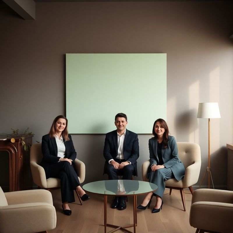 Portret de grup al echipei Mare Atelier într-un birou de consultanță în nuanțe de piatră și mentă